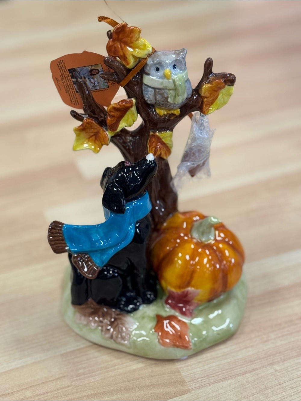 Fall Blue Sky Ceramic Figurine with Black Dog, Owl & Pumpkin - Blue Scarf